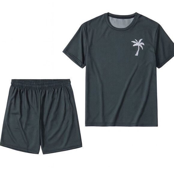 None Pants - Tropical Vibes: Dark Green Palm Tree T-Shirt & Shorts Set (XS)